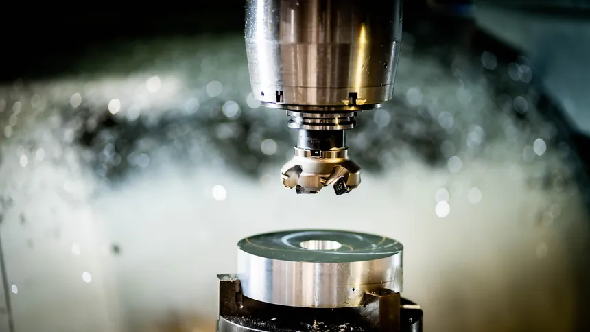 Face mill above round aluminum stock in the machining center